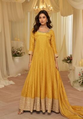 Yellow Zari Work Silk Blend Anarkali With Dupatta