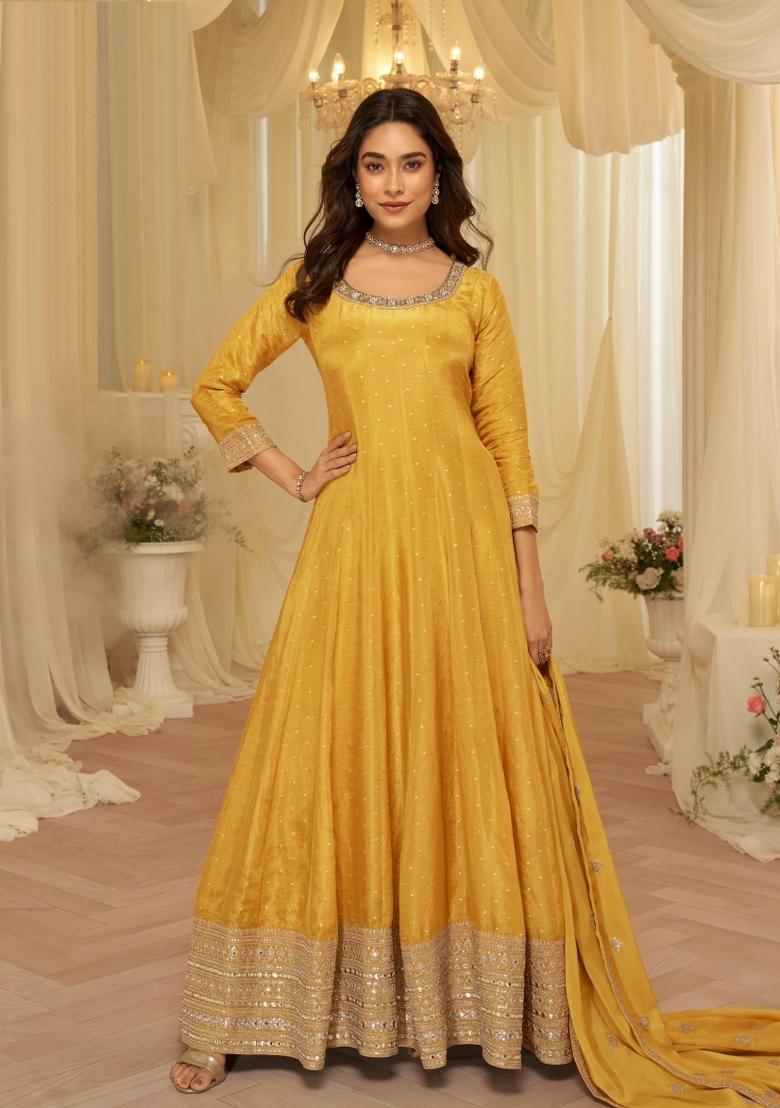Yellow Zari Work Silk Blend Anarkali With Dupatta - Indya