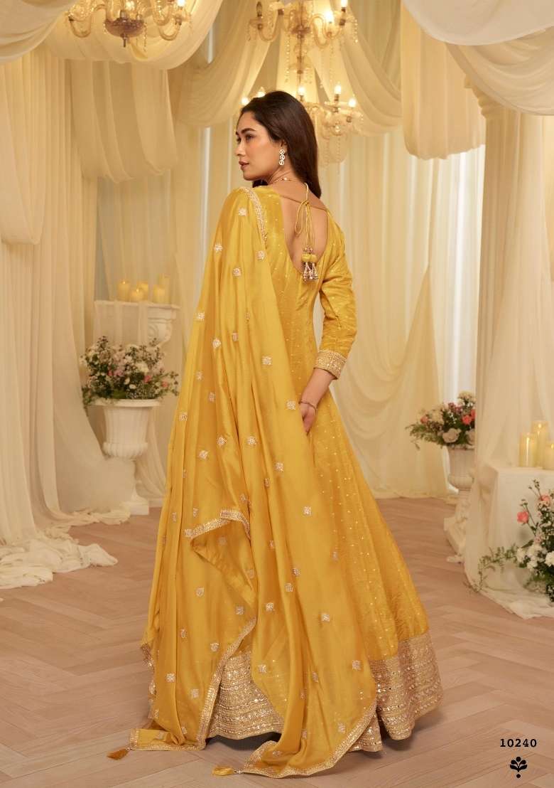 Yellow Zari Work Silk Blend Anarkali With Dupatta - Indya