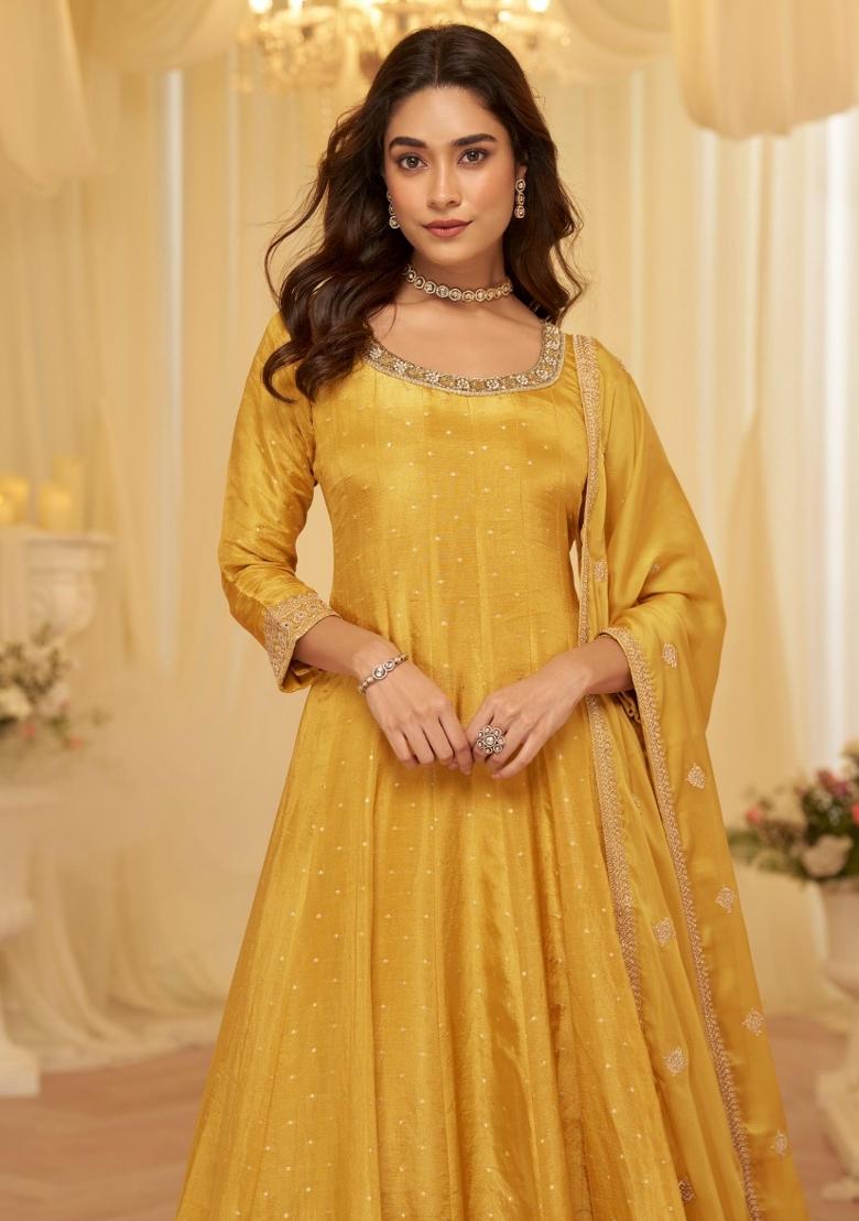 Yellow Zari Work Silk Blend Anarkali With Dupatta - Indya