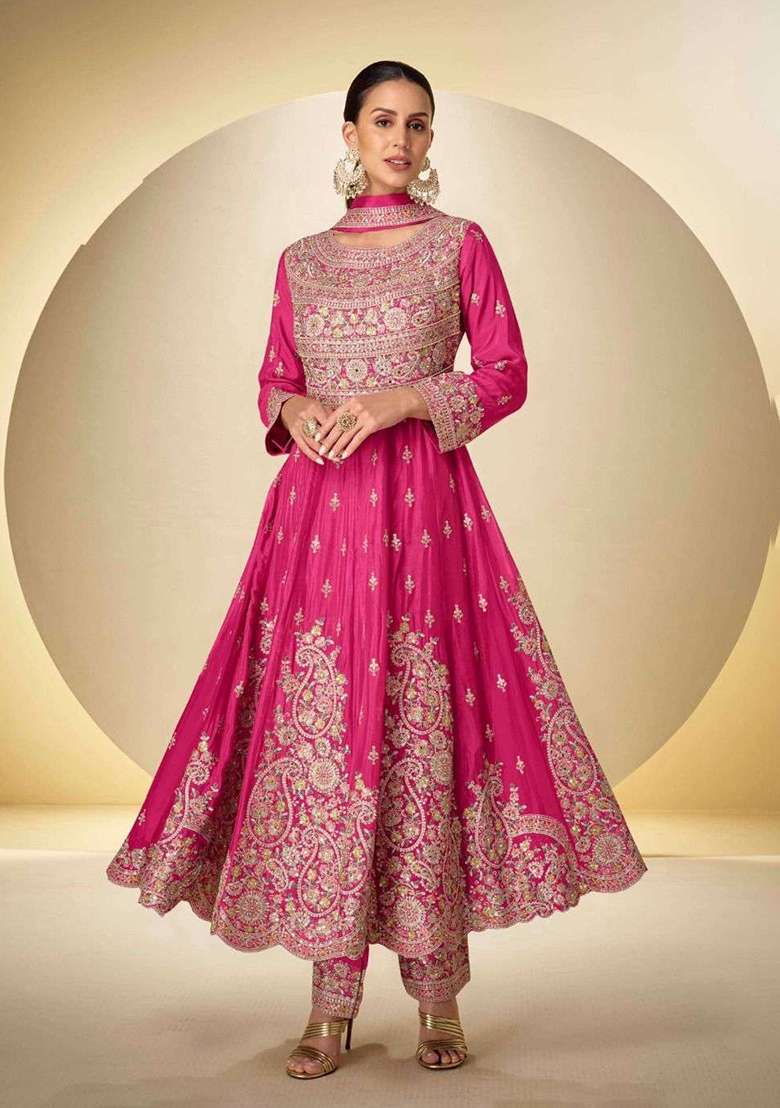 Pink Zari Work Silk Blend Anarkali Set - Indya