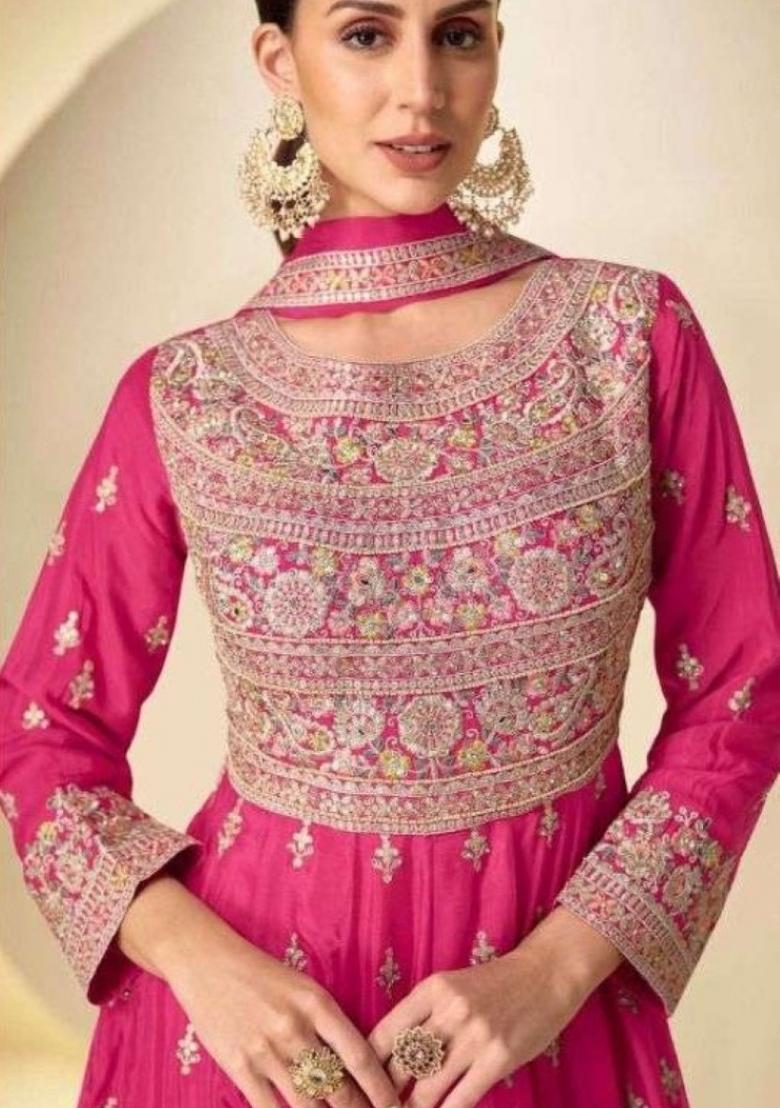 Pink Zari Work Silk Blend Anarkali Set - Indya
