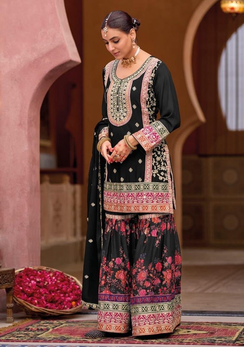 Black Zari Work Silk Sharara Suit - Indya