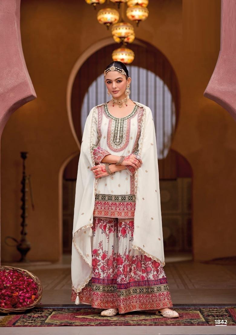 White Zari Work Silk Sharara Suit - Indya