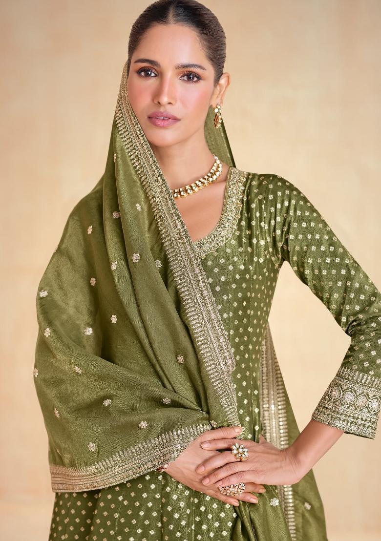 olive Zari Work Viscose Anarkali With Dupatta - Indya