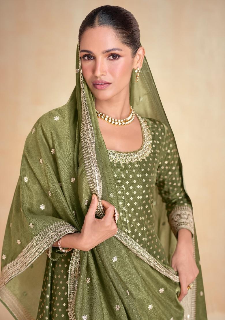 olive Zari Work Viscose Anarkali With Dupatta - Indya