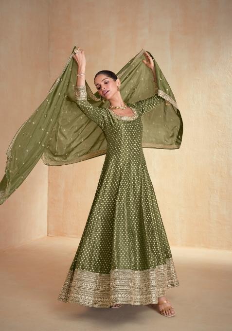 olive Zari Work Viscose Anarkali With Dupatta