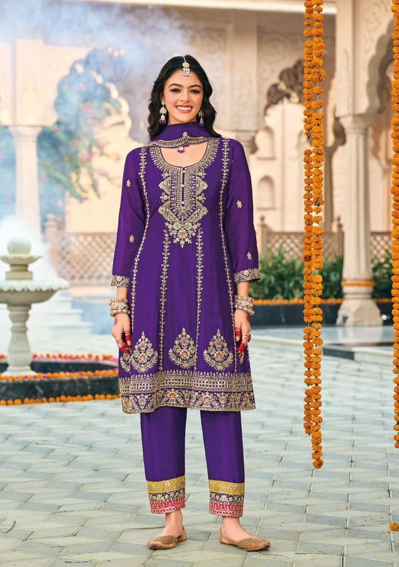 purple Zari Work Silk Blend Anarkali Set - Indya