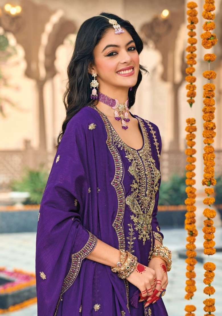 purple Zari Work Silk Blend Anarkali Set - Indya