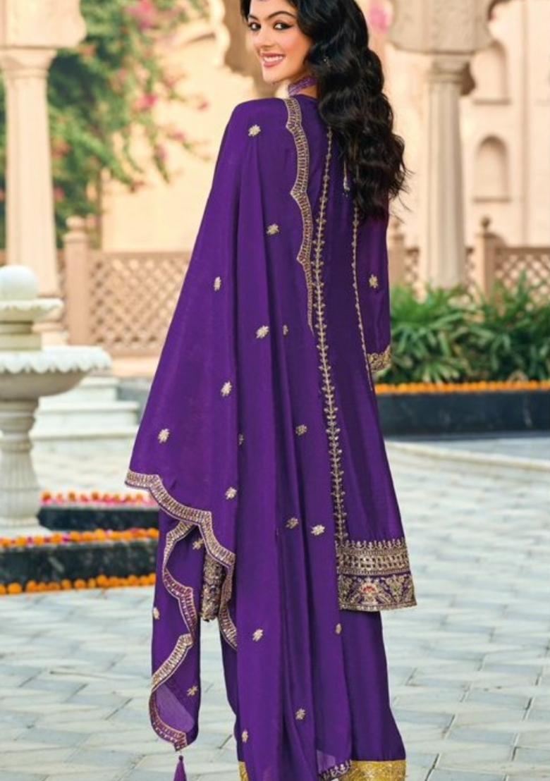 purple Zari Work Silk Blend Anarkali Set - Indya