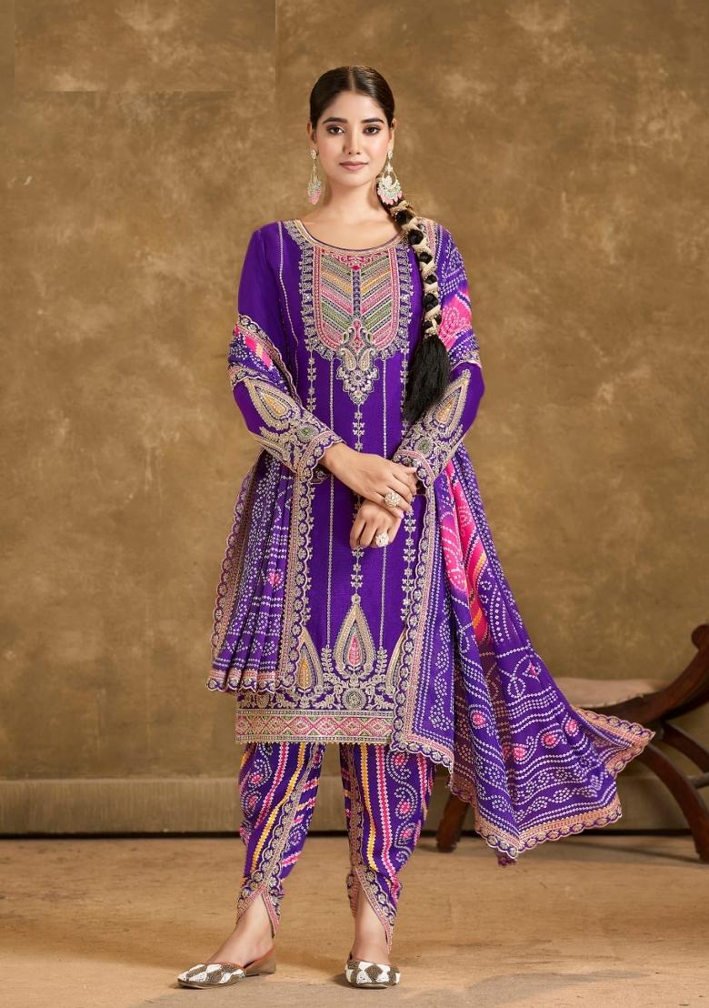 Purple Zari Work Silk Blend Salwar Suit - Indya