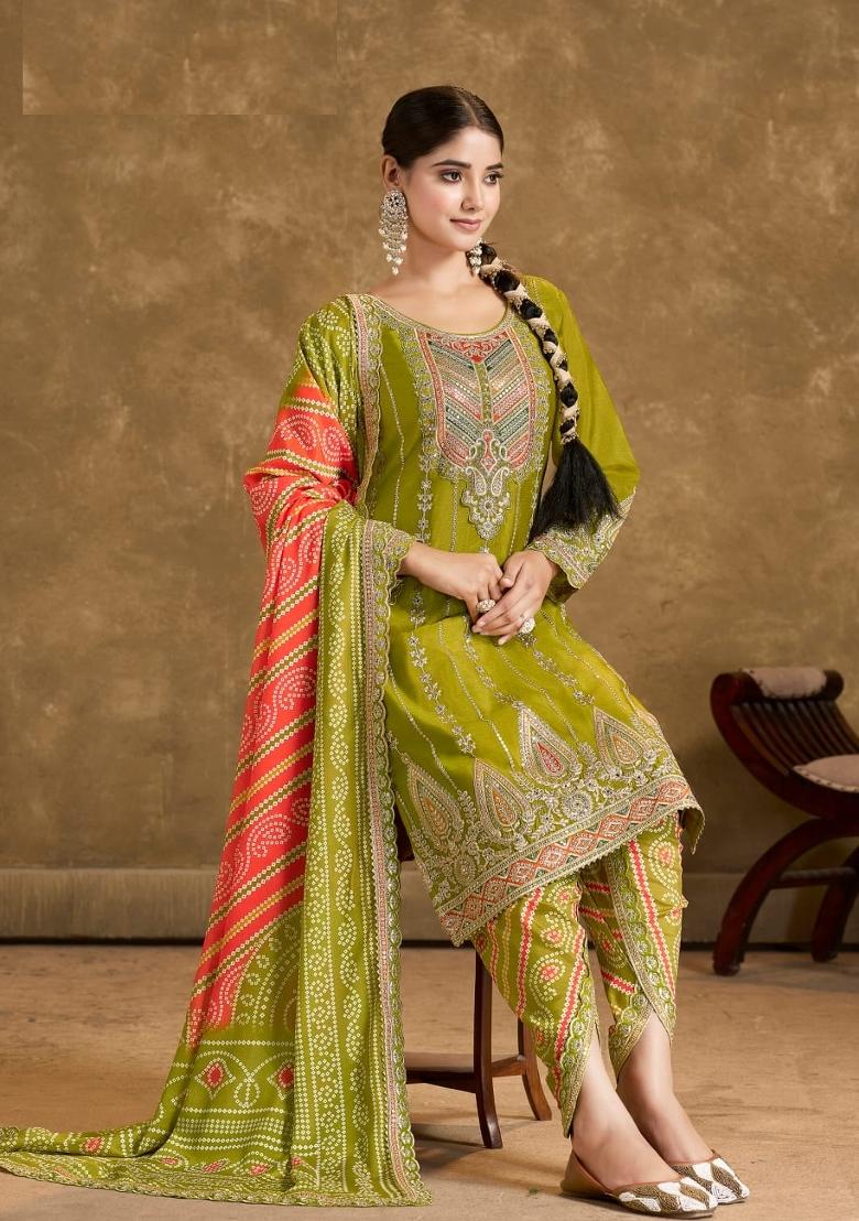 Green Zari Work Silk Blend Salwar Suit - Indya