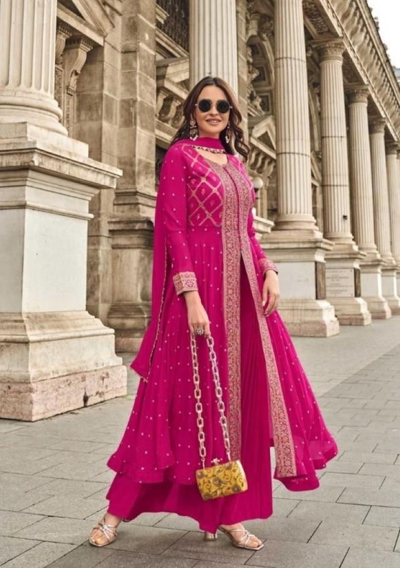 Pink Zari Work Viscose Salwar Suit - Indya