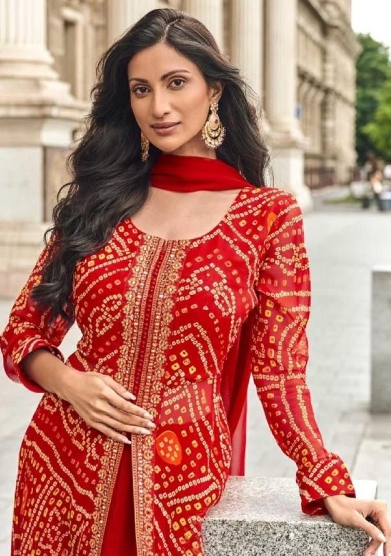 Red Zari Work Georgette Salwar Suit - Indya