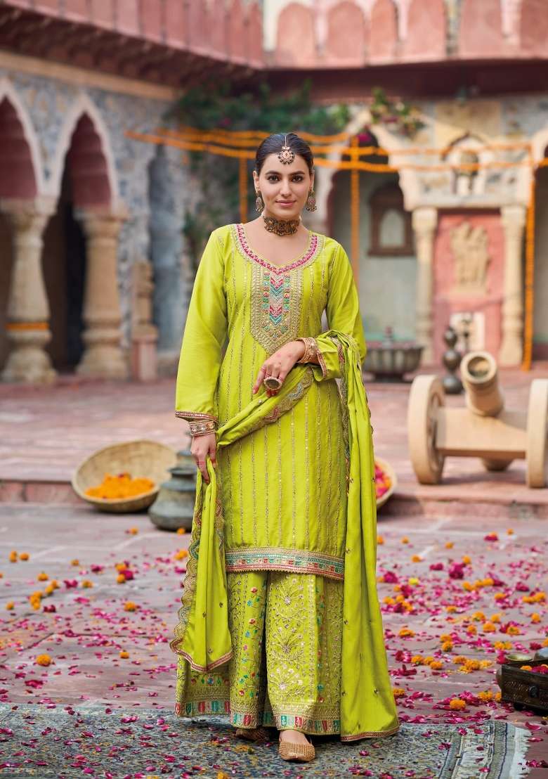 lime Zari Work Silk Blend Salwar Suit - Indya