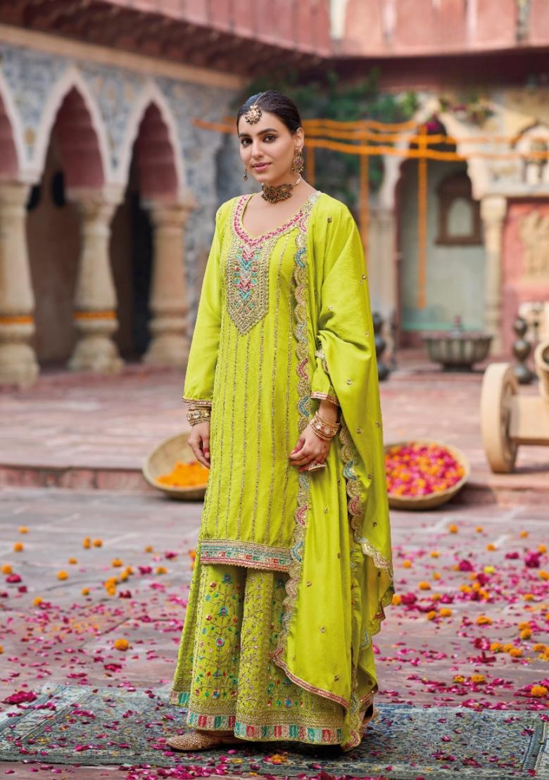 lime Zari Work Silk Blend Salwar Suit - Indya