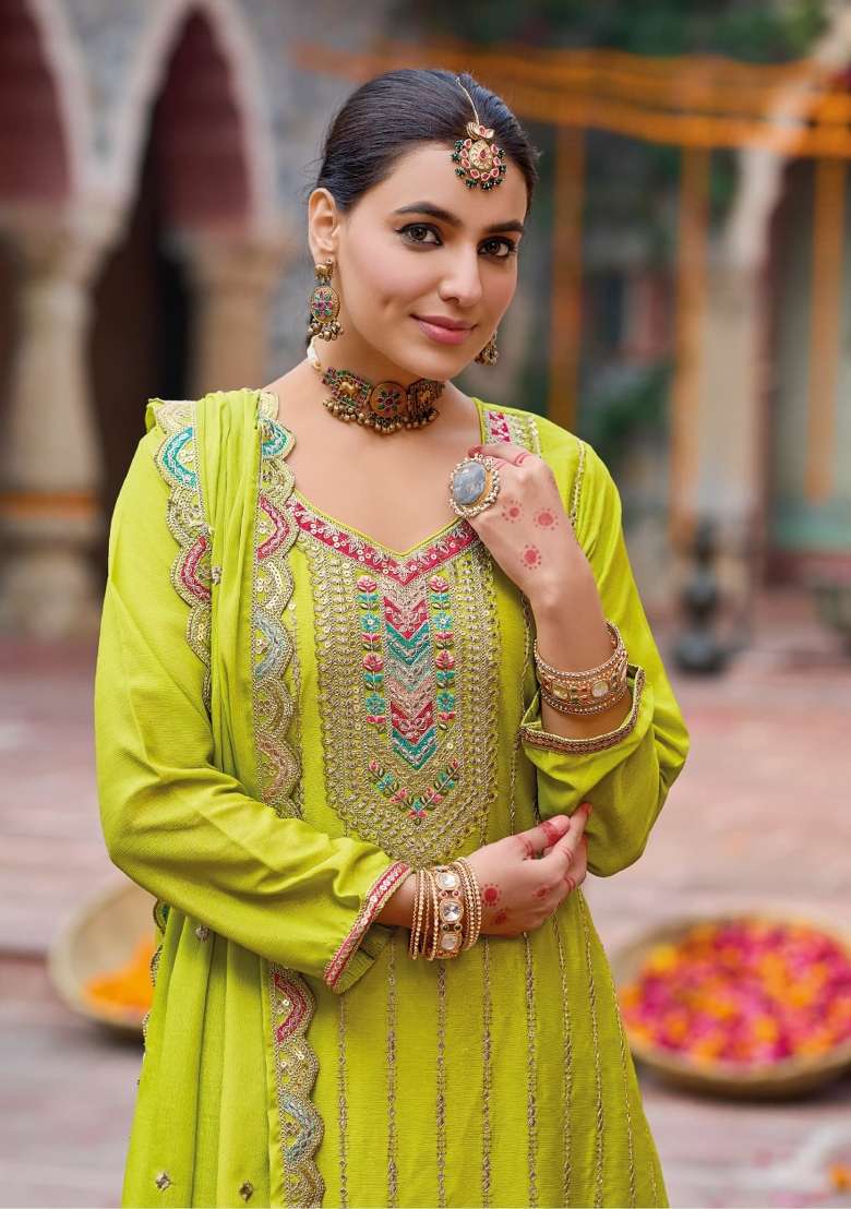 lime Zari Work Silk Blend Salwar Suit - Indya