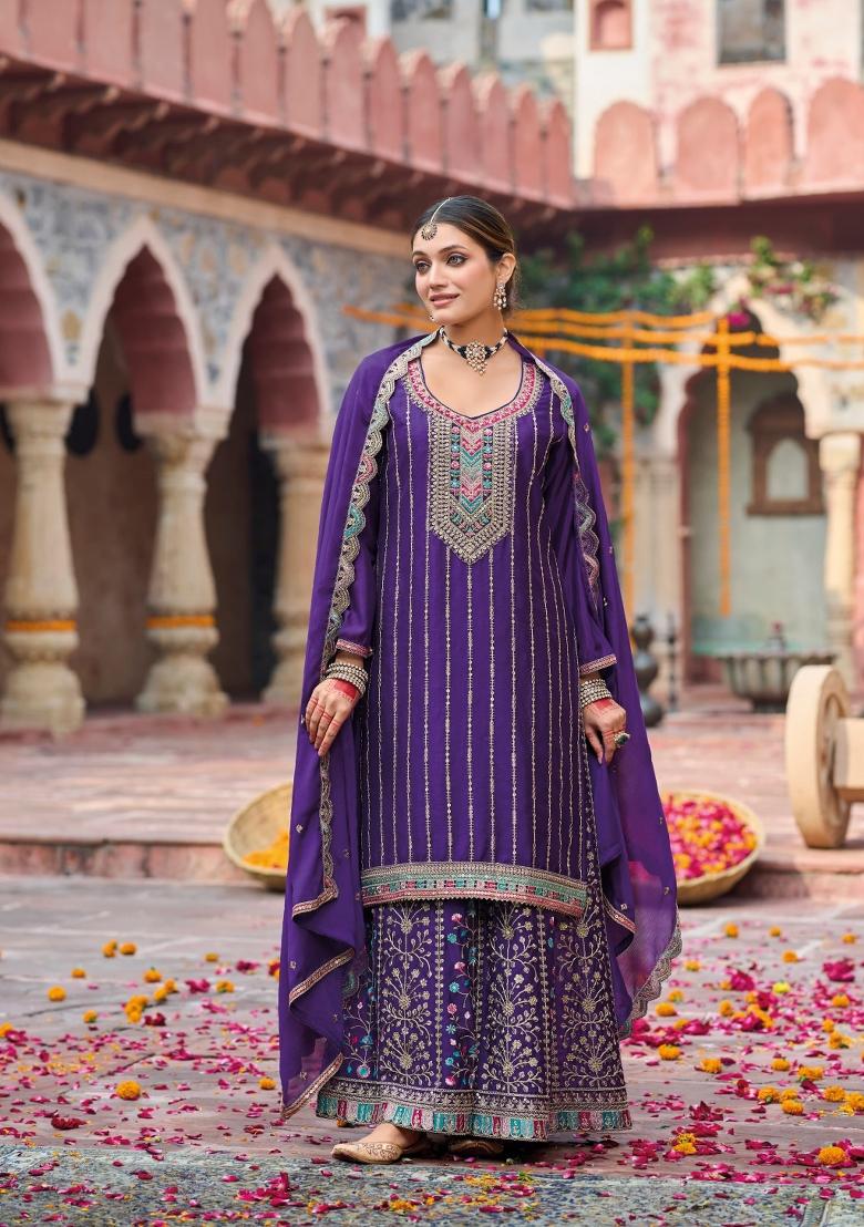 purple Zari Work Silk Blend Salwar Suit - Indya