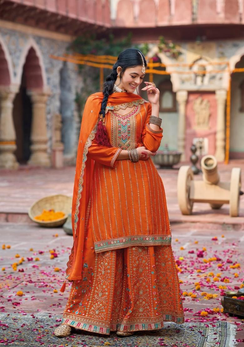 coral Zari Work Silk Blend Salwar Suit - Indya