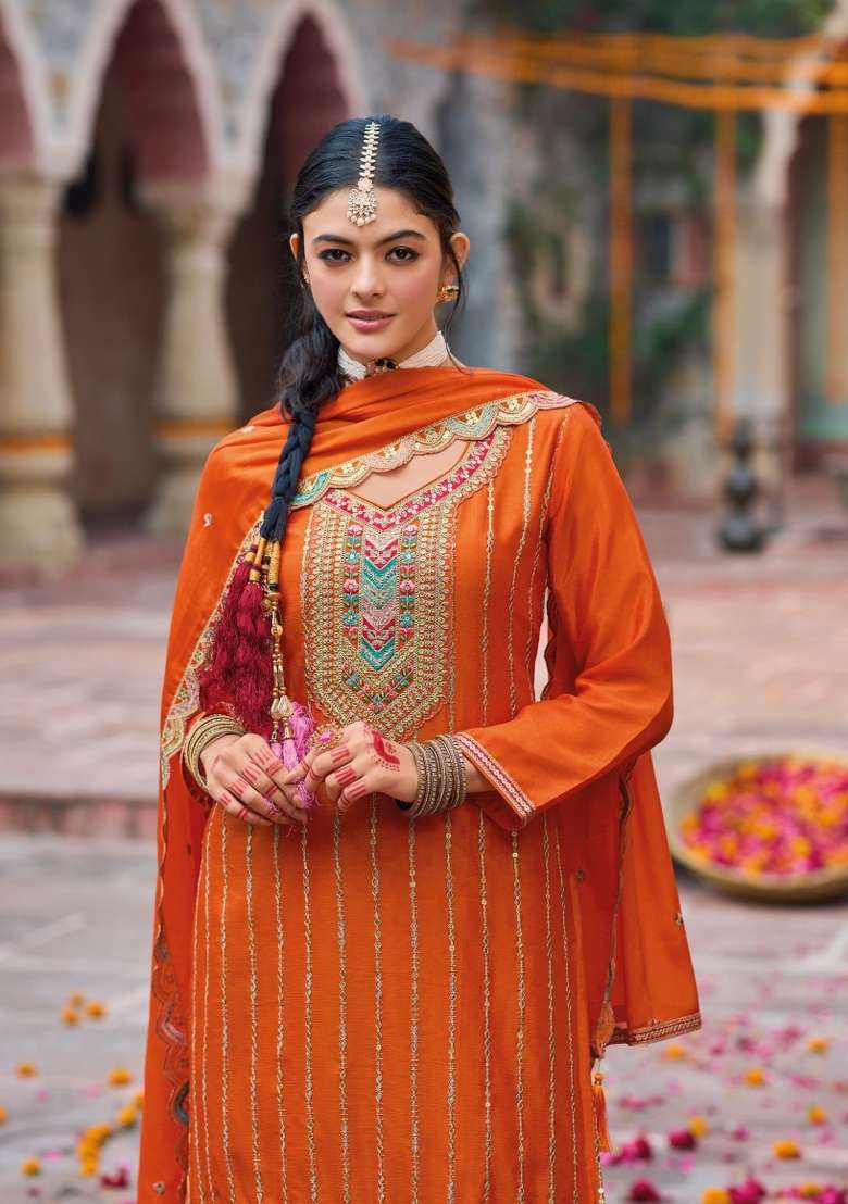 coral Zari Work Silk Blend Salwar Suit - Indya