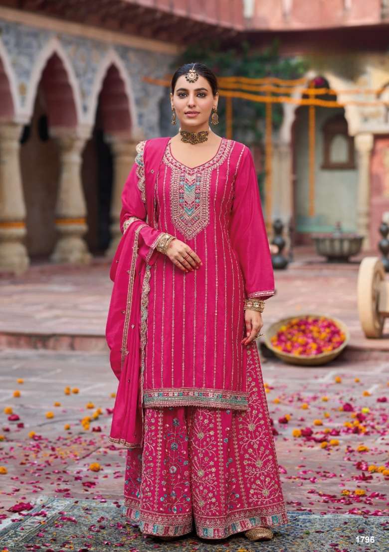 rani pink Zari Work Silk Blend Salwar Suit - Indya