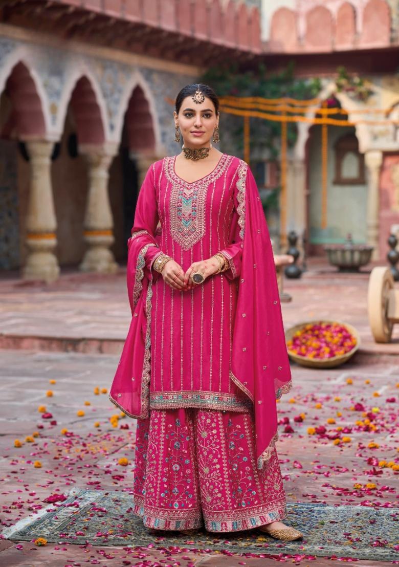 rani pink Zari Work Silk Blend Salwar Suit - Indya