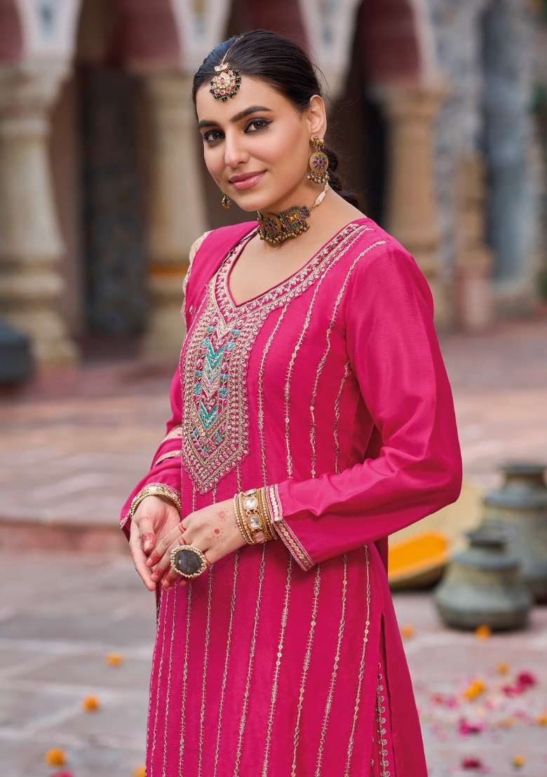 rani pink Zari Work Silk Blend Salwar Suit - Indya