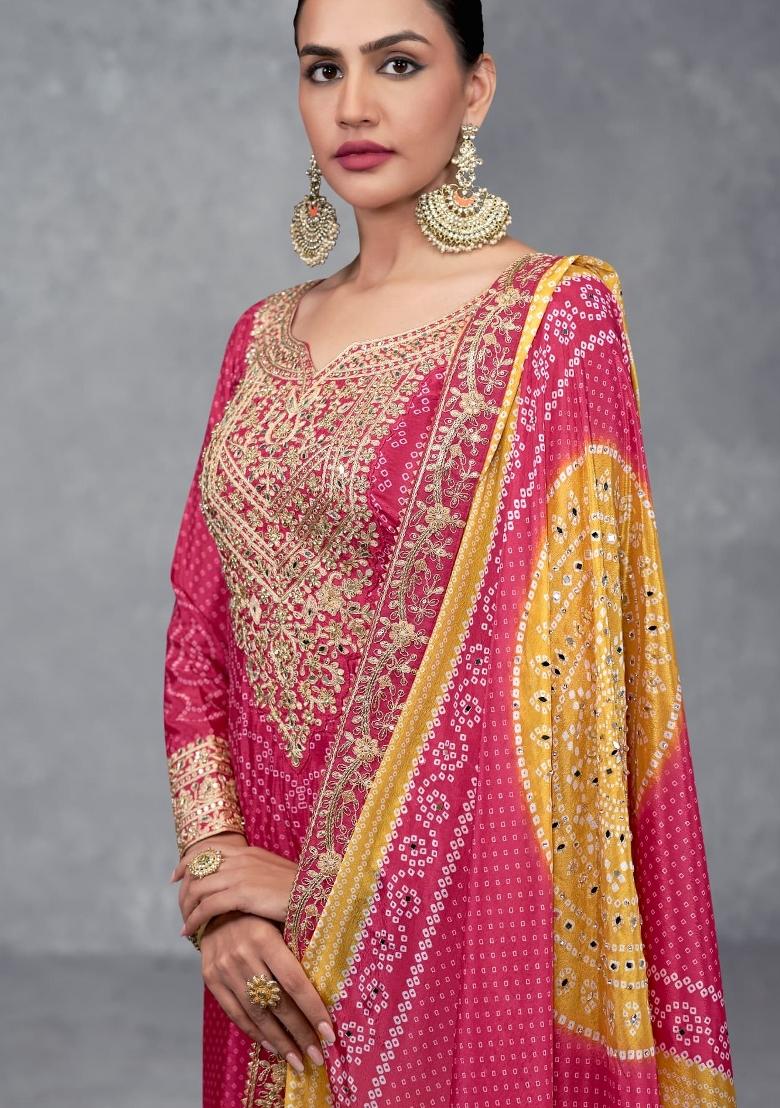 pink Zari Work Silk Blend Salwar Suit - Indya
