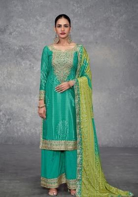 turquoise Zari Work Silk Salwar Suit