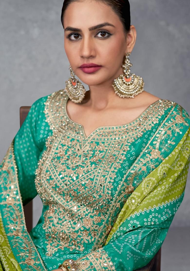 turquoise Zari Work Silk Blend Salwar Suit - Indya
