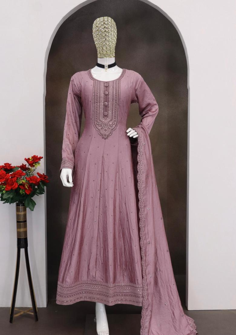onion pink Zari Work Silk Blend Salwar Suit - Indya