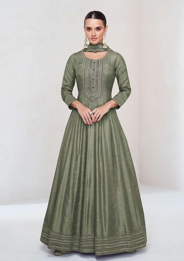 light olive Zari Work Silk Blend Salwar Suit - Indya