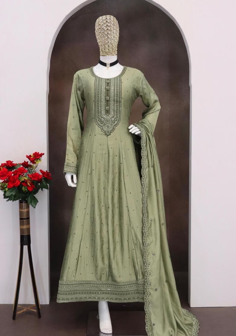 light olive Zari Work Silk Blend Salwar Suit - Indya