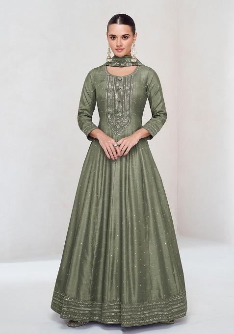 light olive Zari Work Silk Salwar Suit