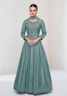 teal green Zari Work Silk Salwar Suit
