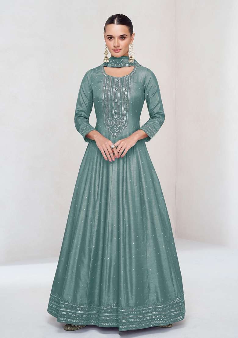 teal green Zari Work Silk Blend Salwar Suit - Indya