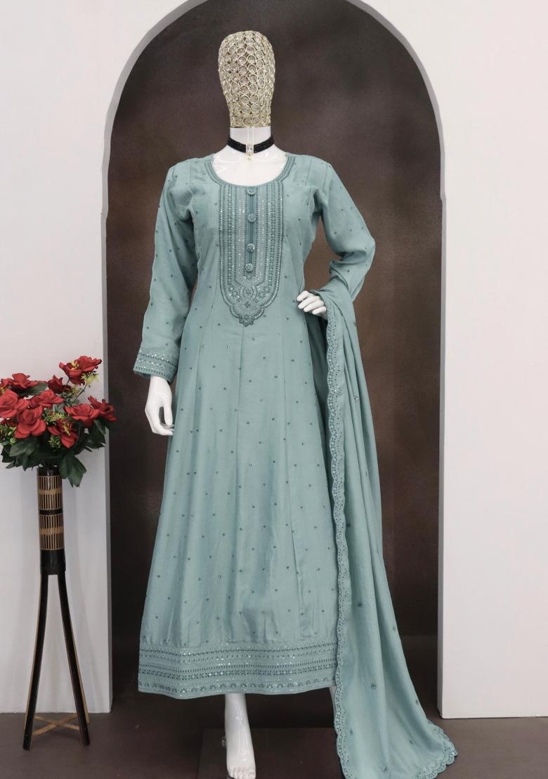 teal green Zari Work Silk Blend Salwar Suit - Indya