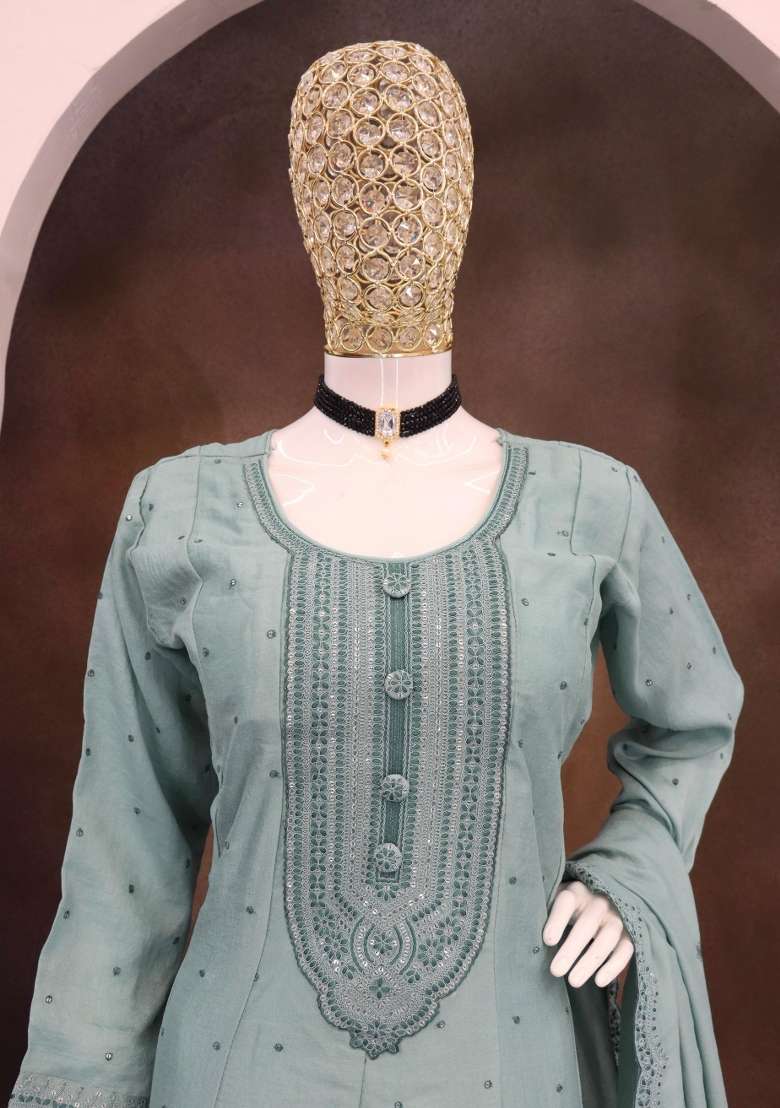 teal green Zari Work Silk Blend Salwar Suit - Indya