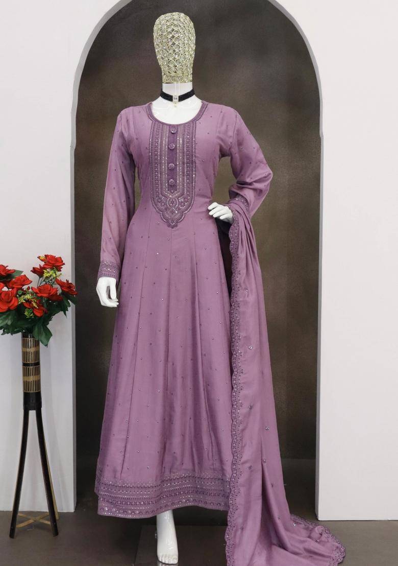 lavender Zari Work Silk Blend Salwar Suit - Indya