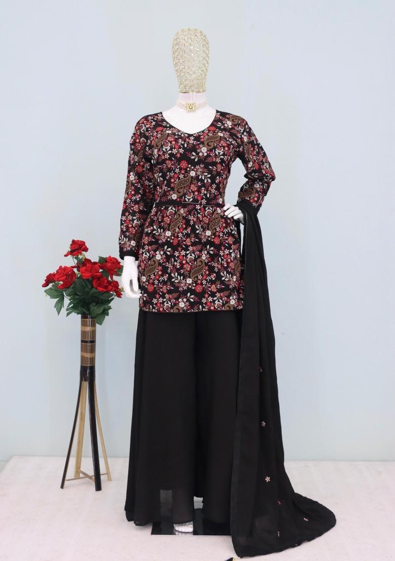 black Zari Work Chiffon Salwar Suit - Indya
