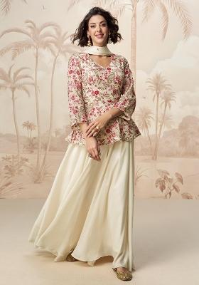 cream Zari Work Chiffon Salwar Suit
