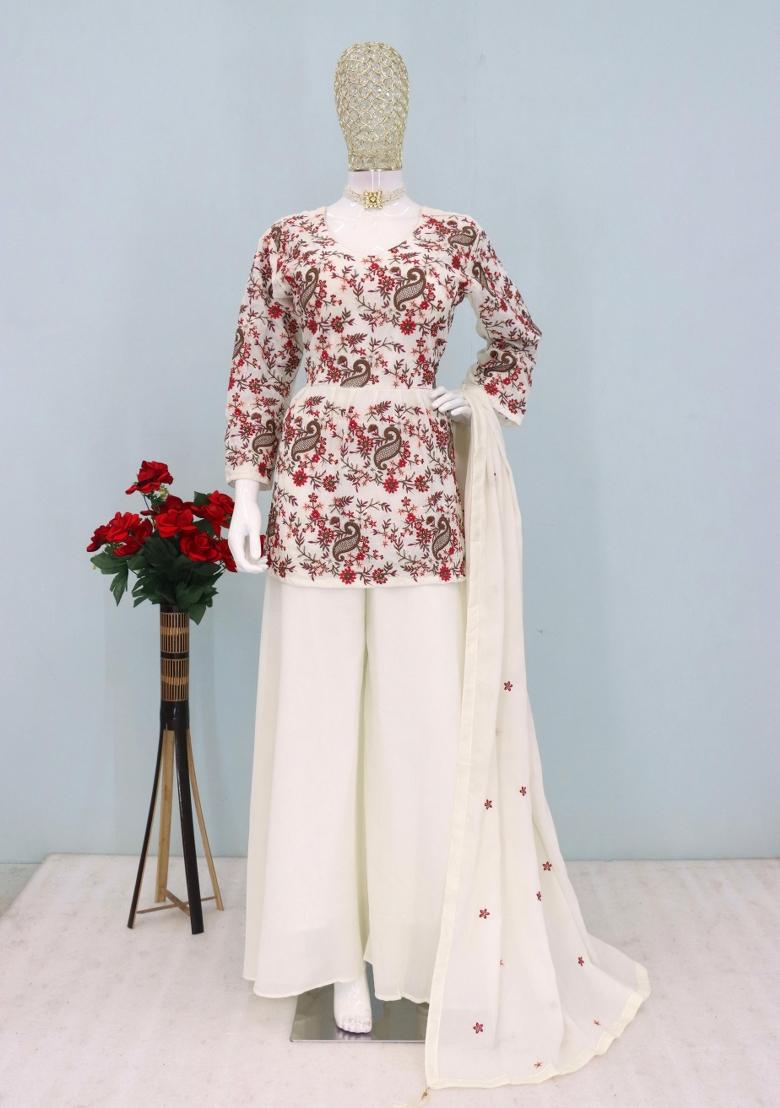 cream Zari Work Chiffon Salwar Suit - Indya