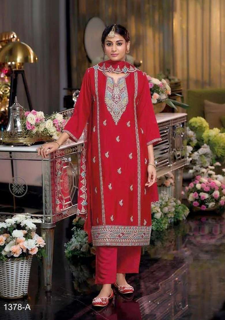 red Zari Work Silk Blend Salwar Suit - Indya
