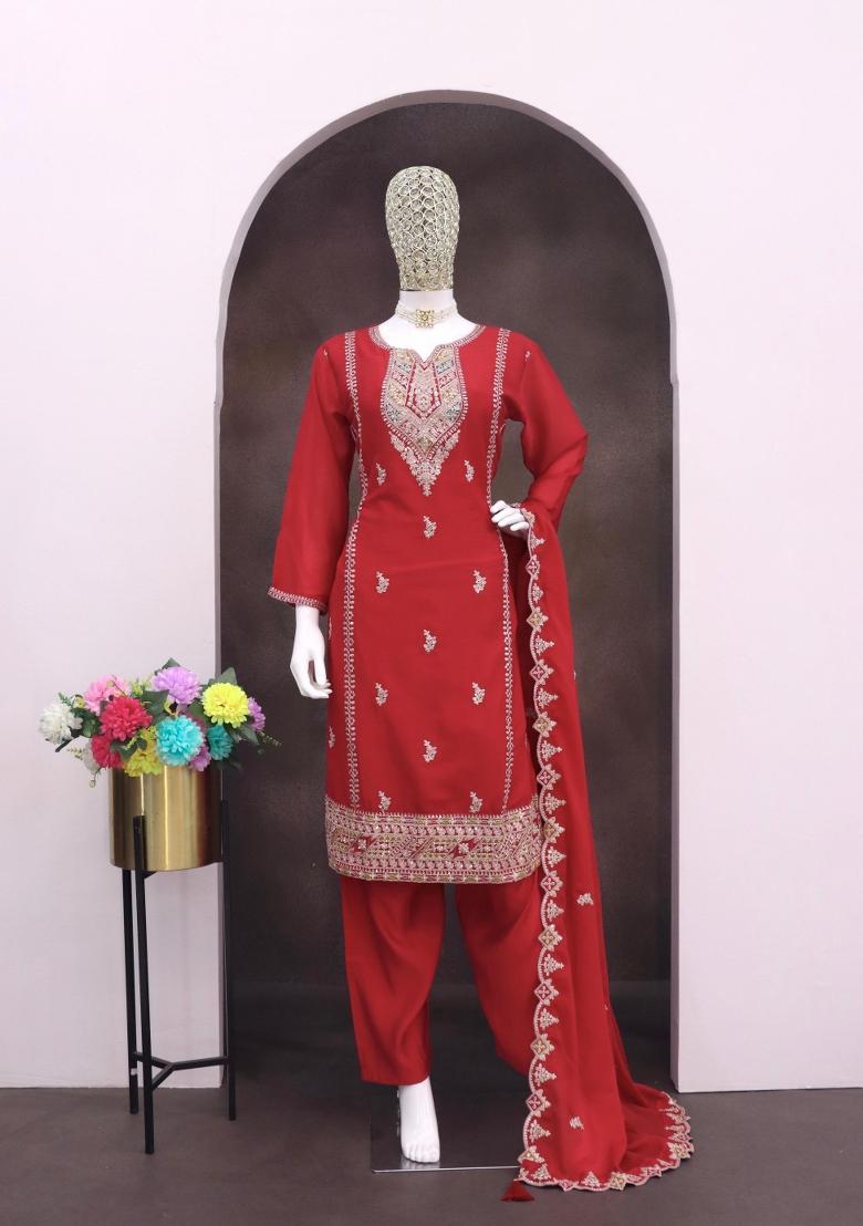 red Zari Work Silk Blend Salwar Suit - Indya