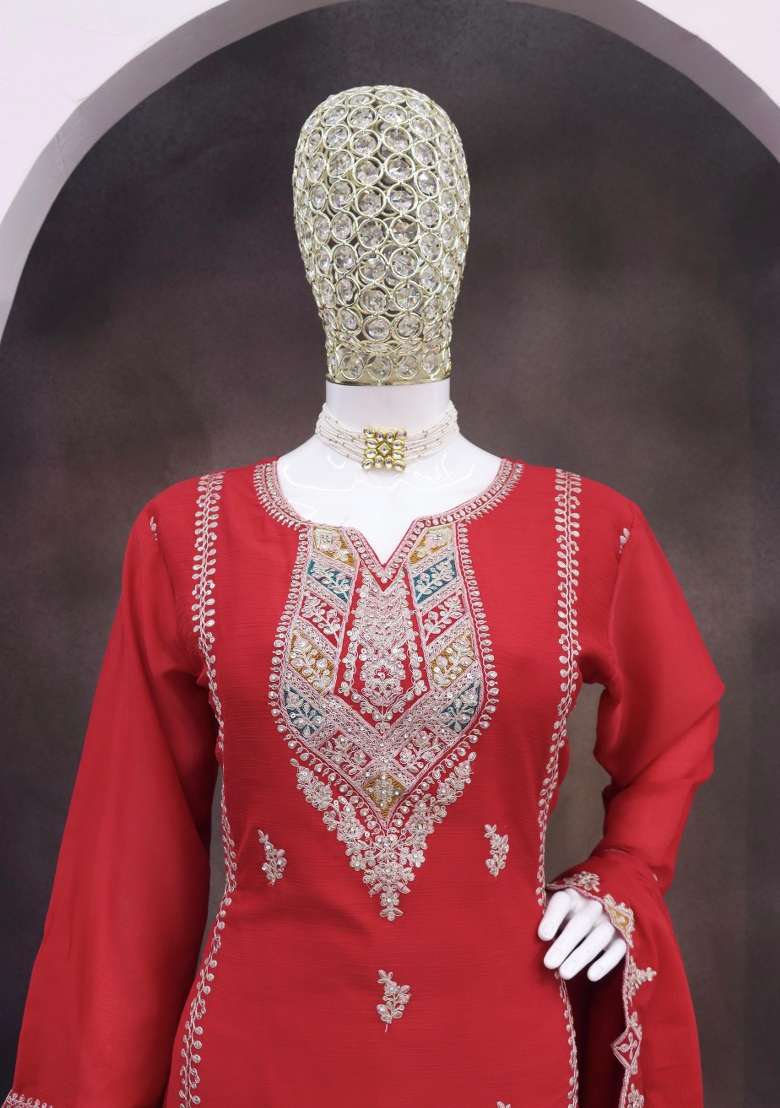 red Zari Work Silk Blend Salwar Suit - Indya