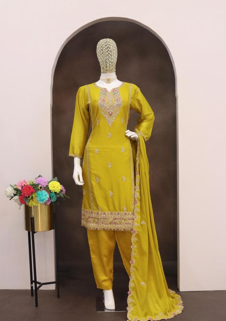 yellow Zari Work Silk Blend Salwar Suit - Indya