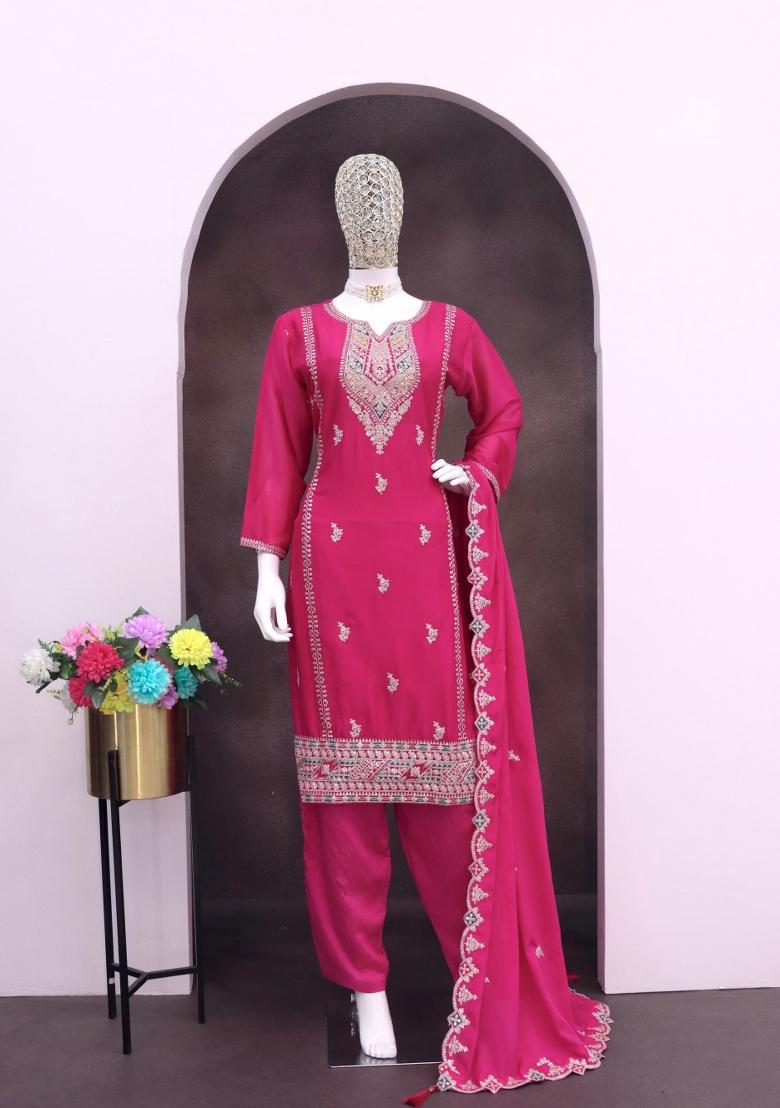 rani pink Zari Work Silk Blend Salwar Suit - Indya