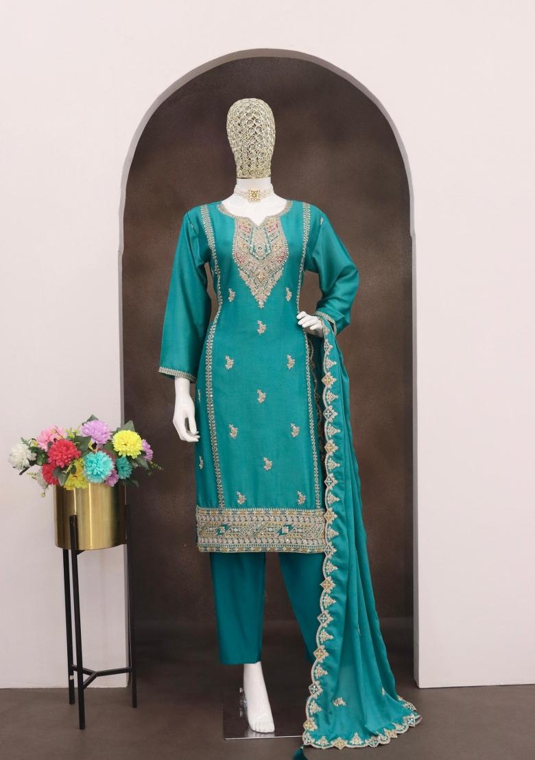 turquoise Zari Work Silk Blend Salwar Suit - Indya