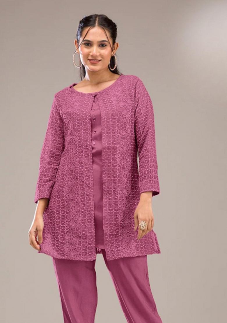 pink Zari Work Georgette Salwar Suit - Indya