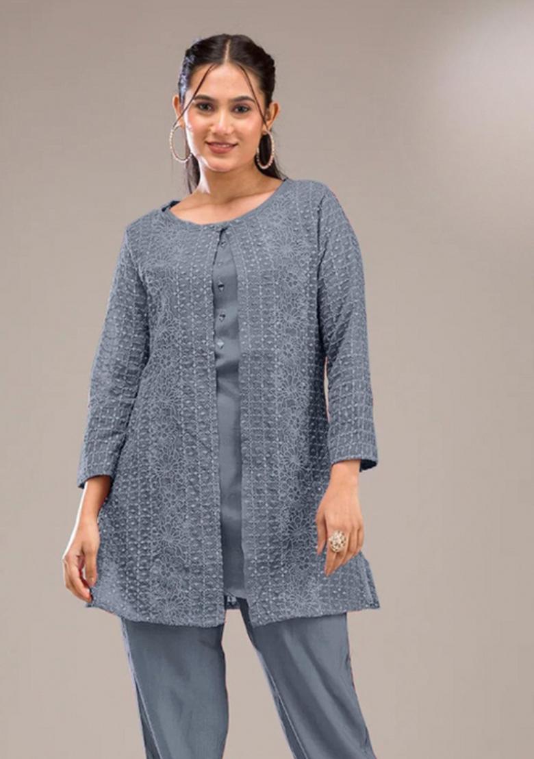 grey Zari Work Georgette Salwar Suit - Indya